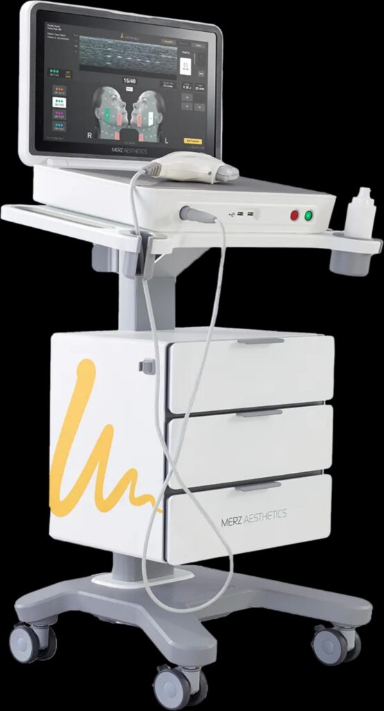 Ultherapy Prime medical device with display screen, handheld applicator, storage drawers, and wheeled base.